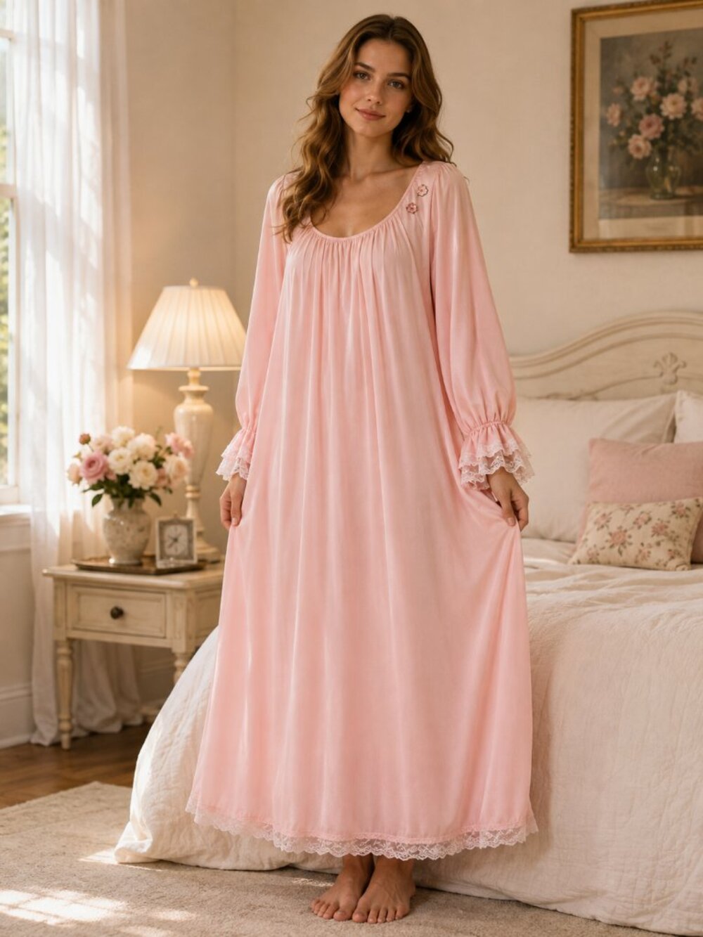 Vintage Lucie Ann Pink Delicate Ruffle Lace Cuffs Hem Subtle Floral Nightgown L